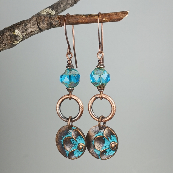 Hand Crafted Jewelry - HAND CRAFTED Boho Copper Turquoise Patina Flower Blue Glass Dangle Earrings